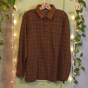 Men's Arrow Long Sleeve Rust Plaid Polo Collared Shirt L